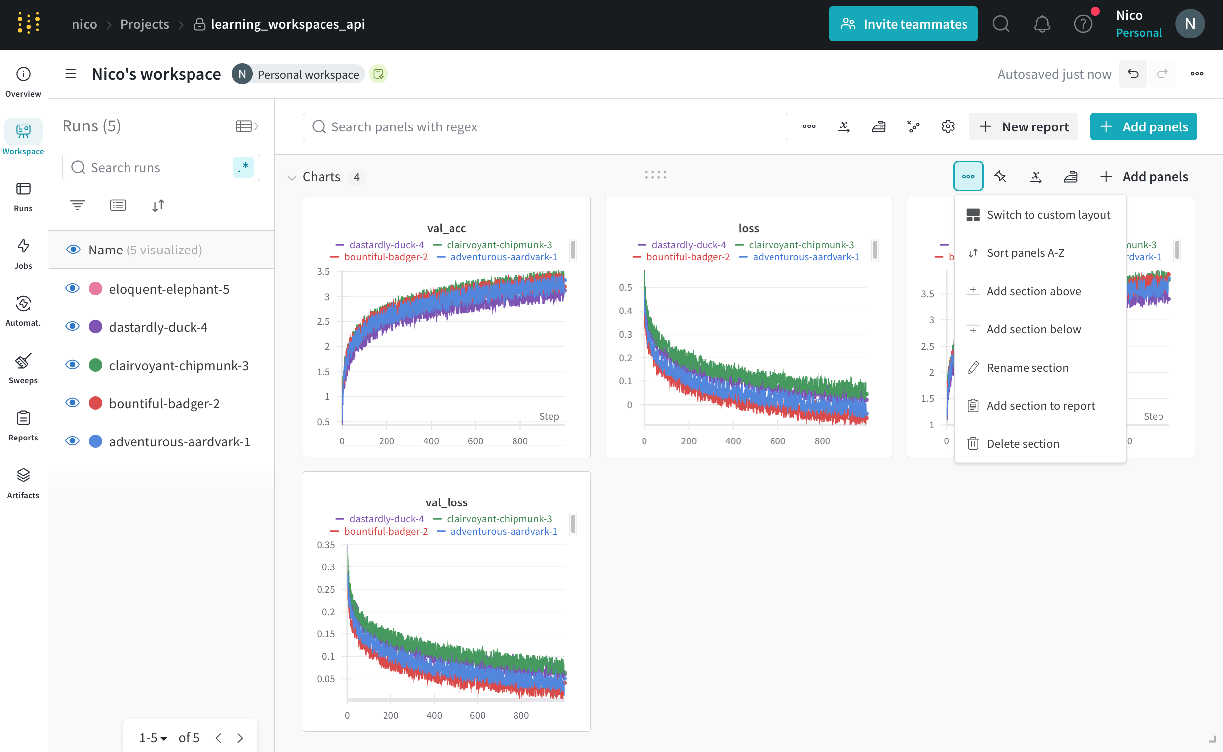 Section settings menu