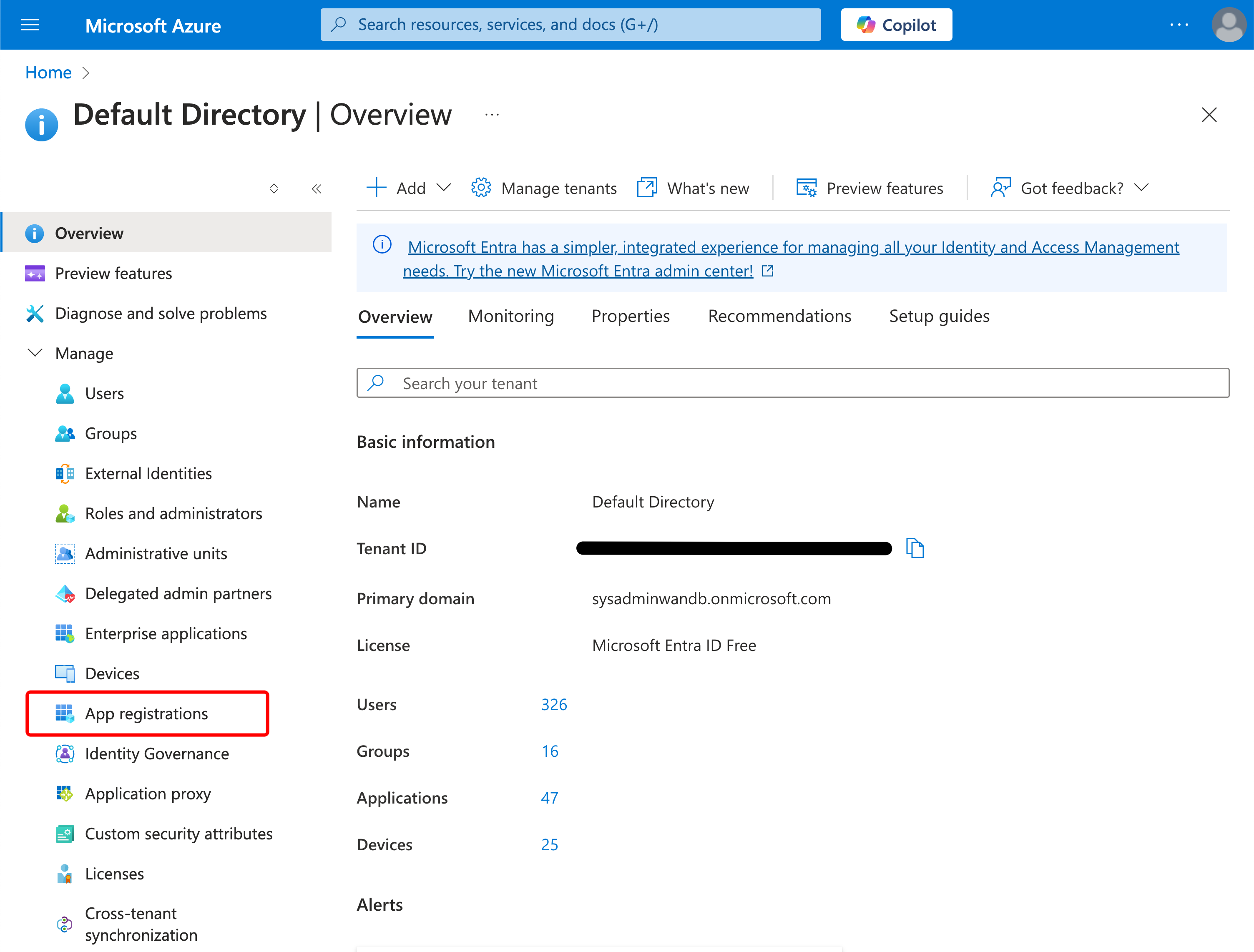 App registrations menu