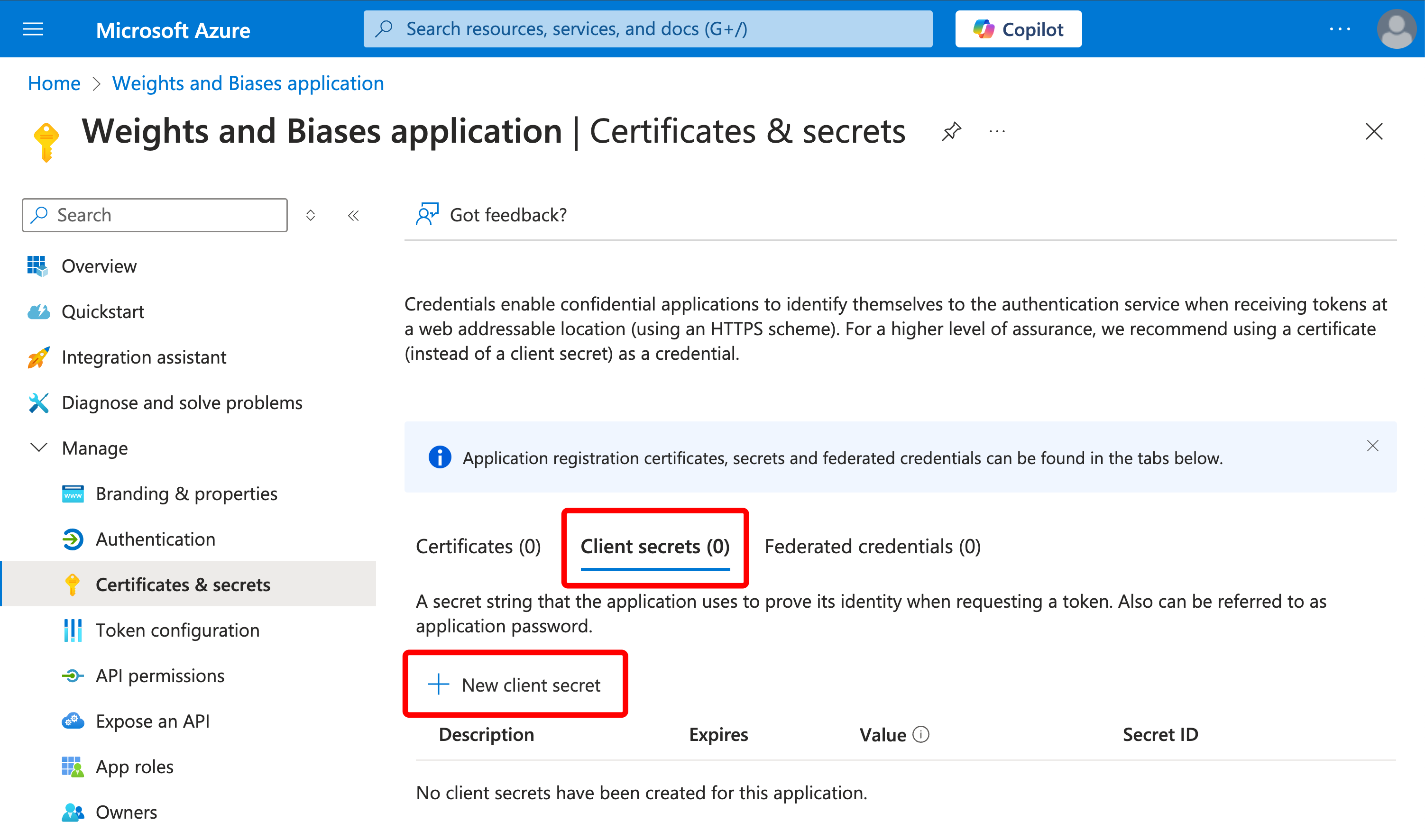 New client secret button