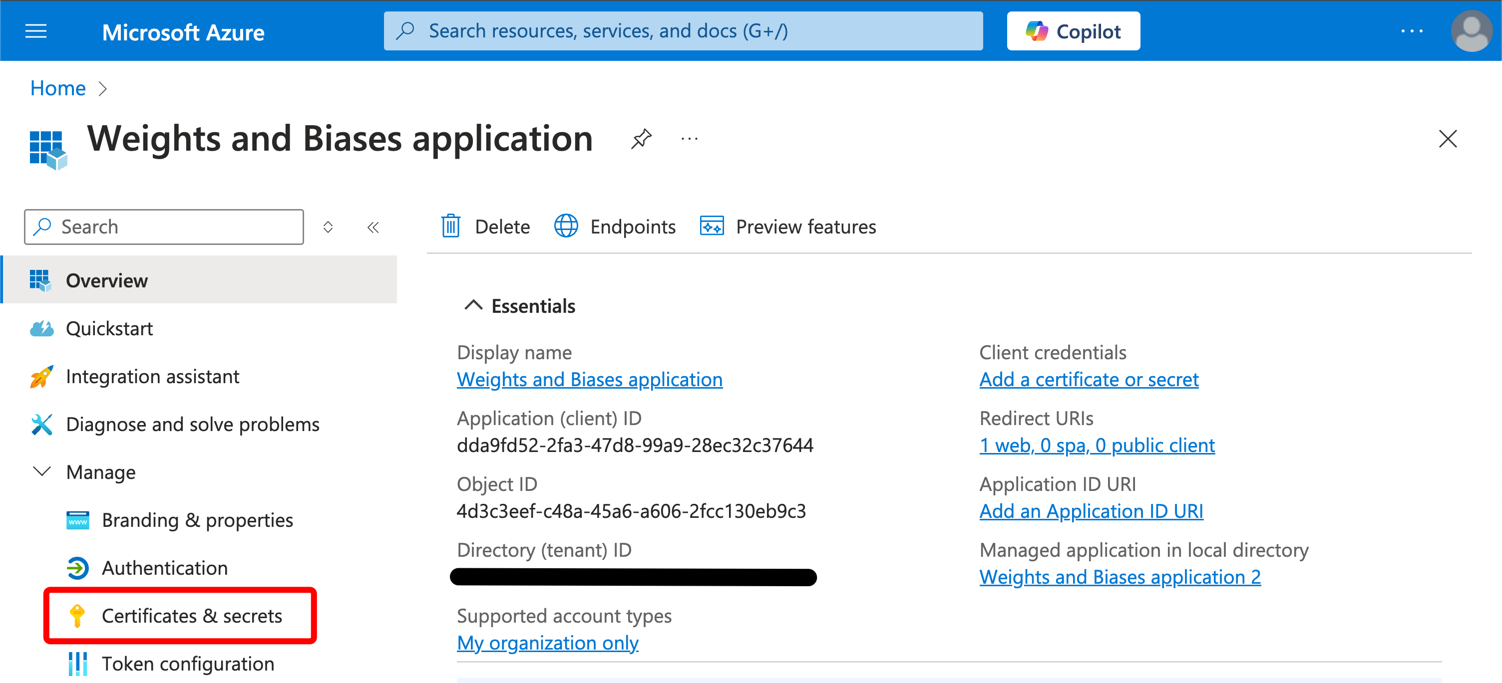 Certificates & secrets menu
