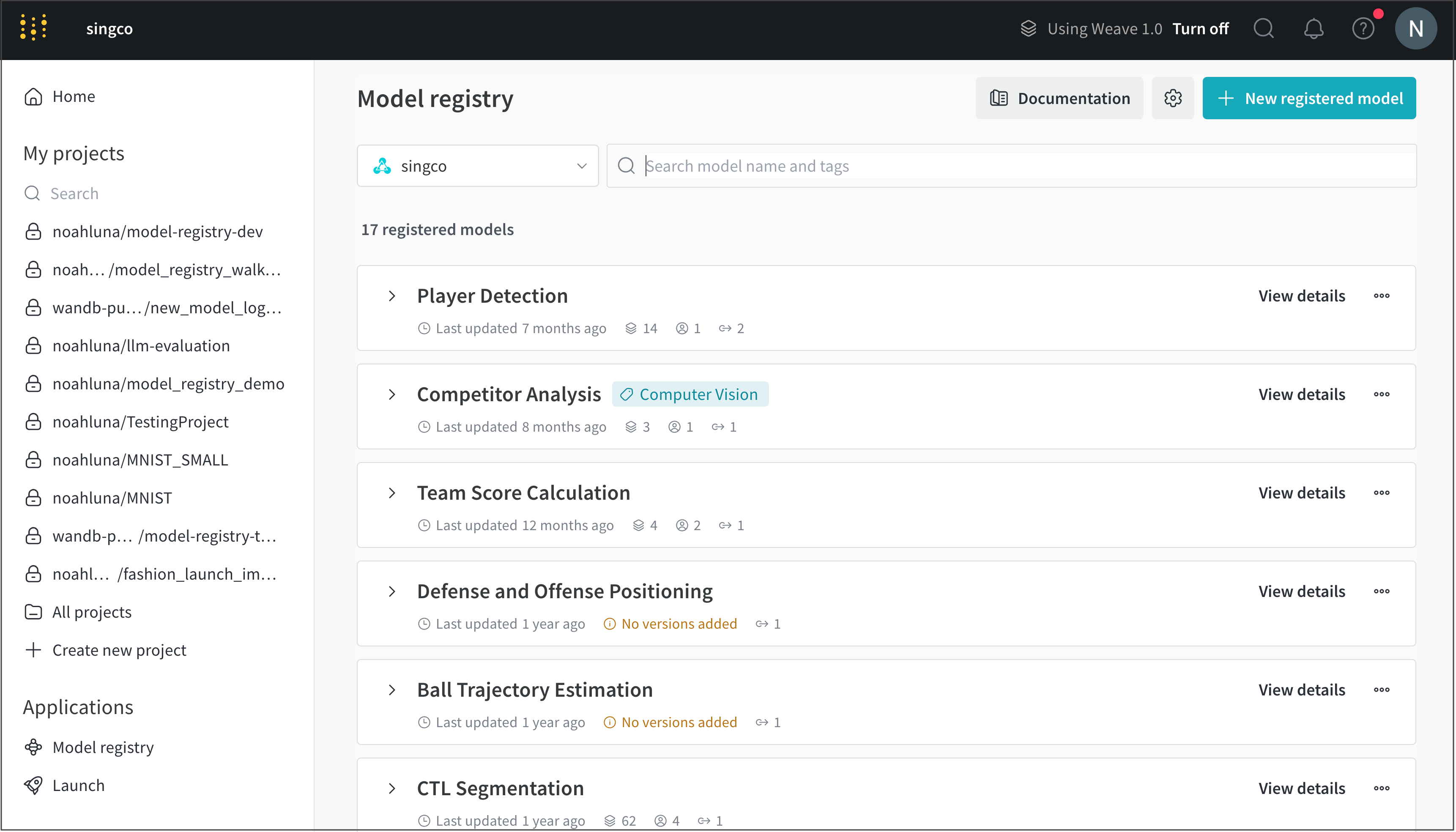 New registered model button