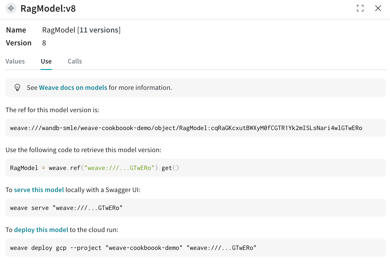 Weave UI 'Use' tab with reference code